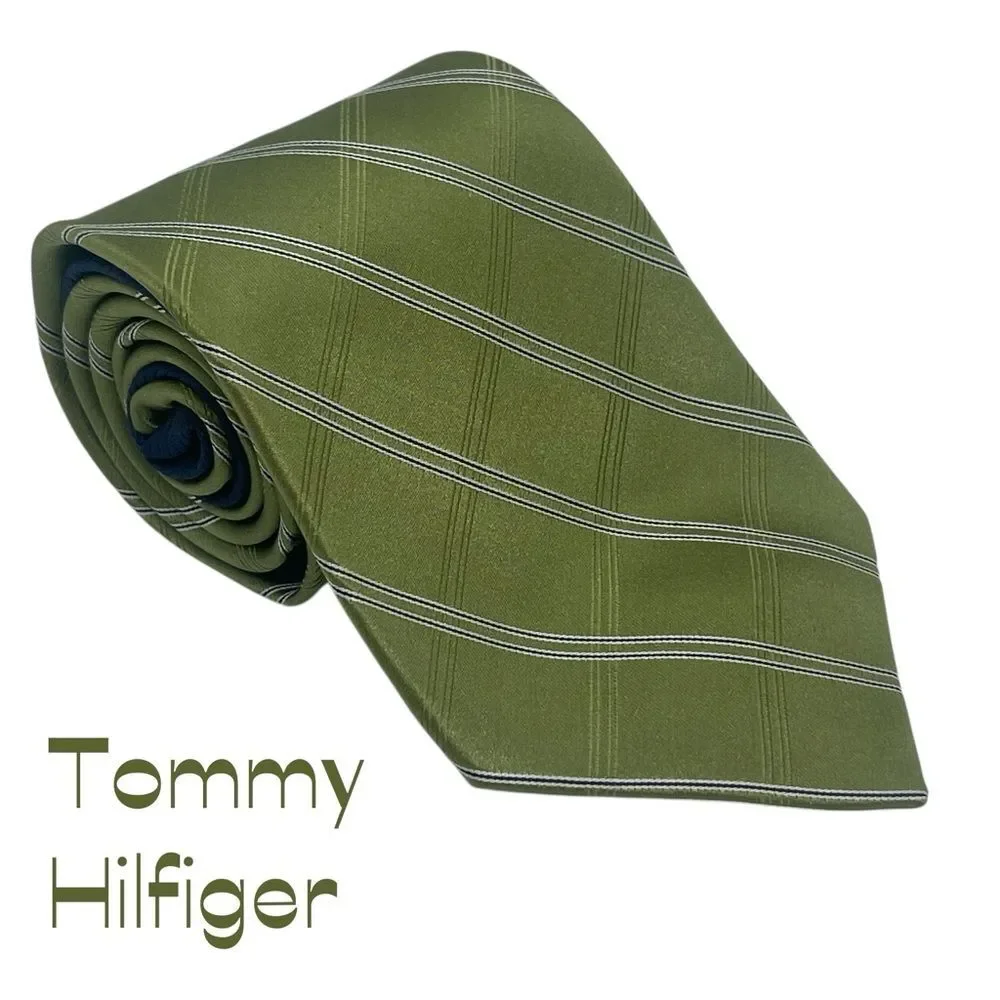 Tommy Hilfiger Green Silver Striped Silk Necktie Career Office
